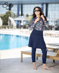 Navy Tropical Leaf Print Burkini - 4-Piece Modest Swimwear