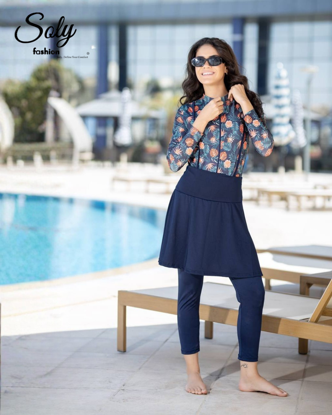 Navy Tropical Leaf Print Burkini - 4-Piece Modest Swimwear