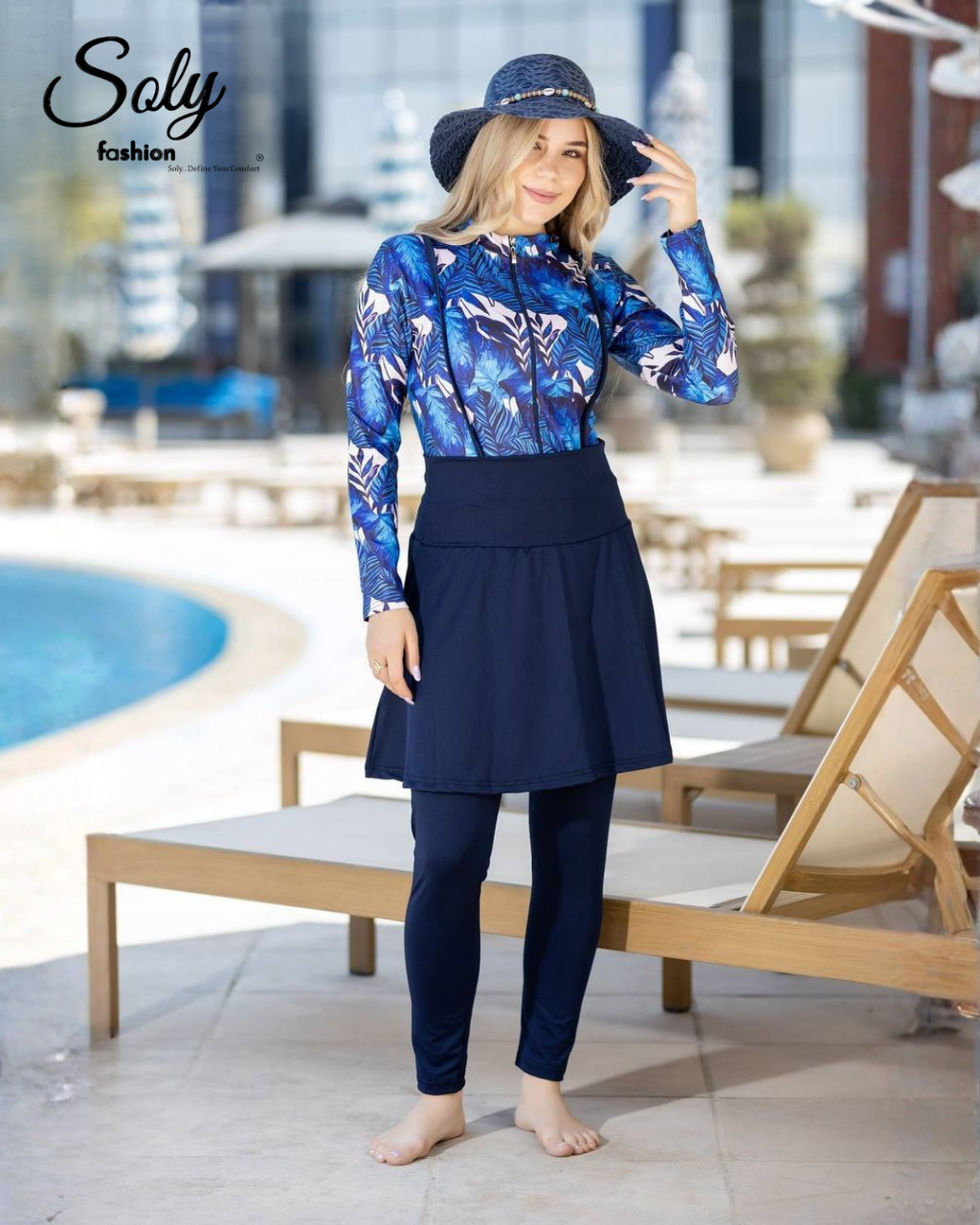 Royal Blue Palm Leaf Burkini - 4-Piece Modest Swimsuit