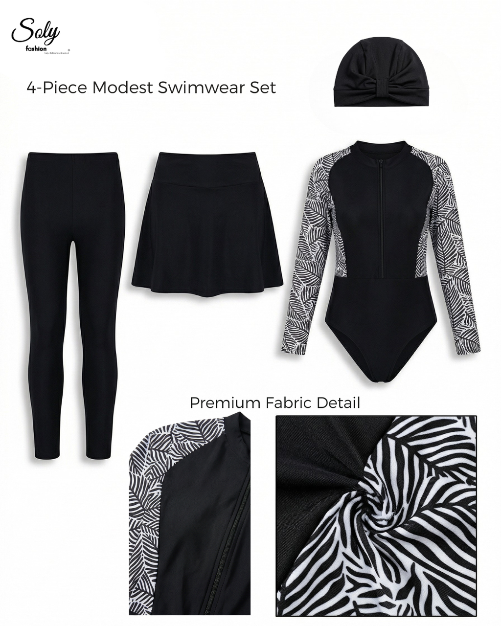 Modern Leafy Sleeve Burkini - 4-Piece Modest Swimwear with Solid Black Body