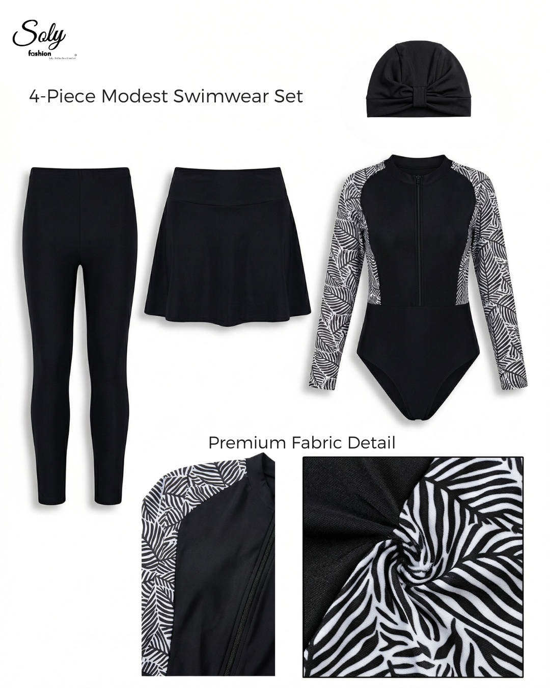Modern Leafy Sleeve Burkini - 4-Piece Modest Swimwear with Solid Black Body