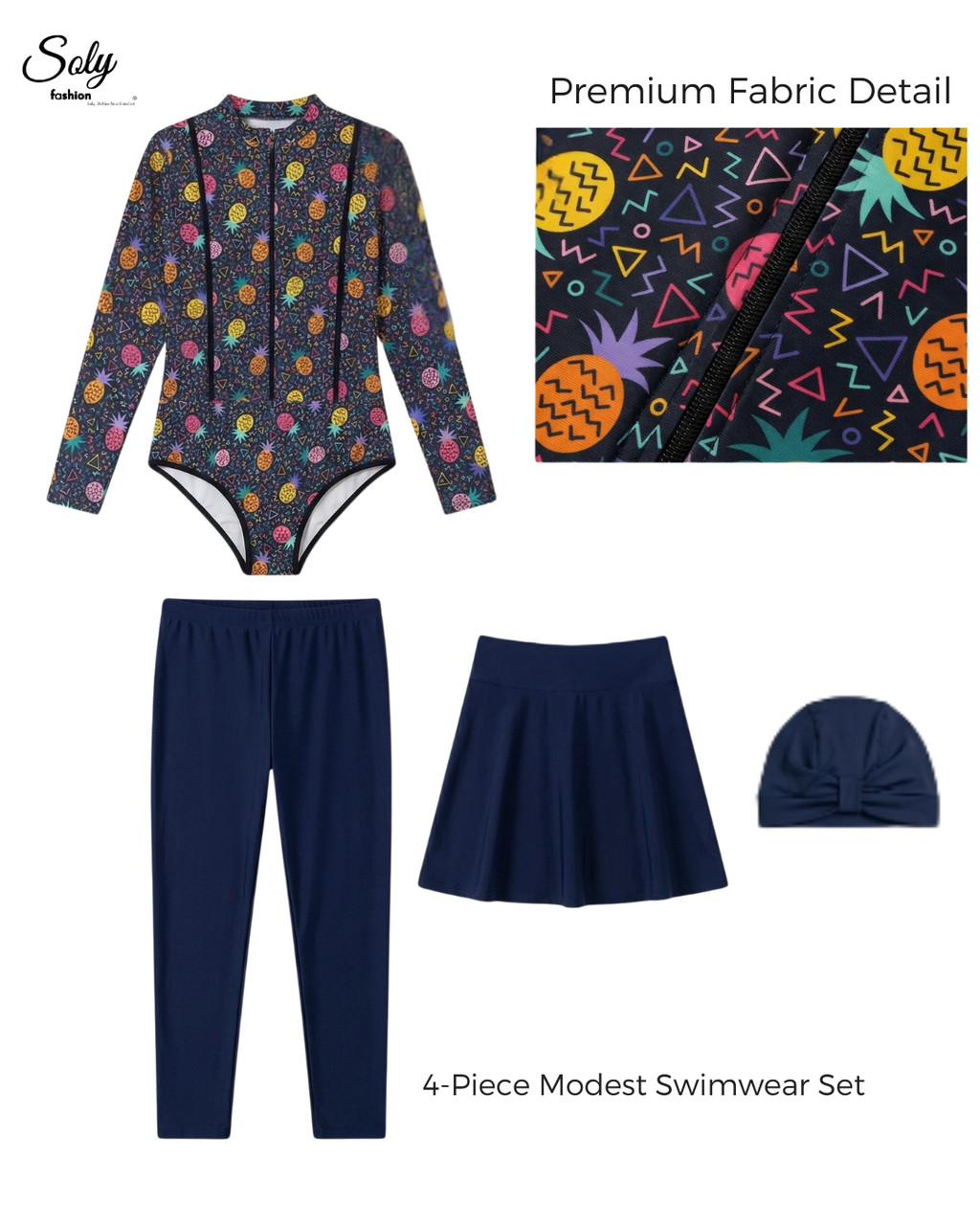 Tropical Pineapple Print Burkini - 4-Piece Modest Swimwear