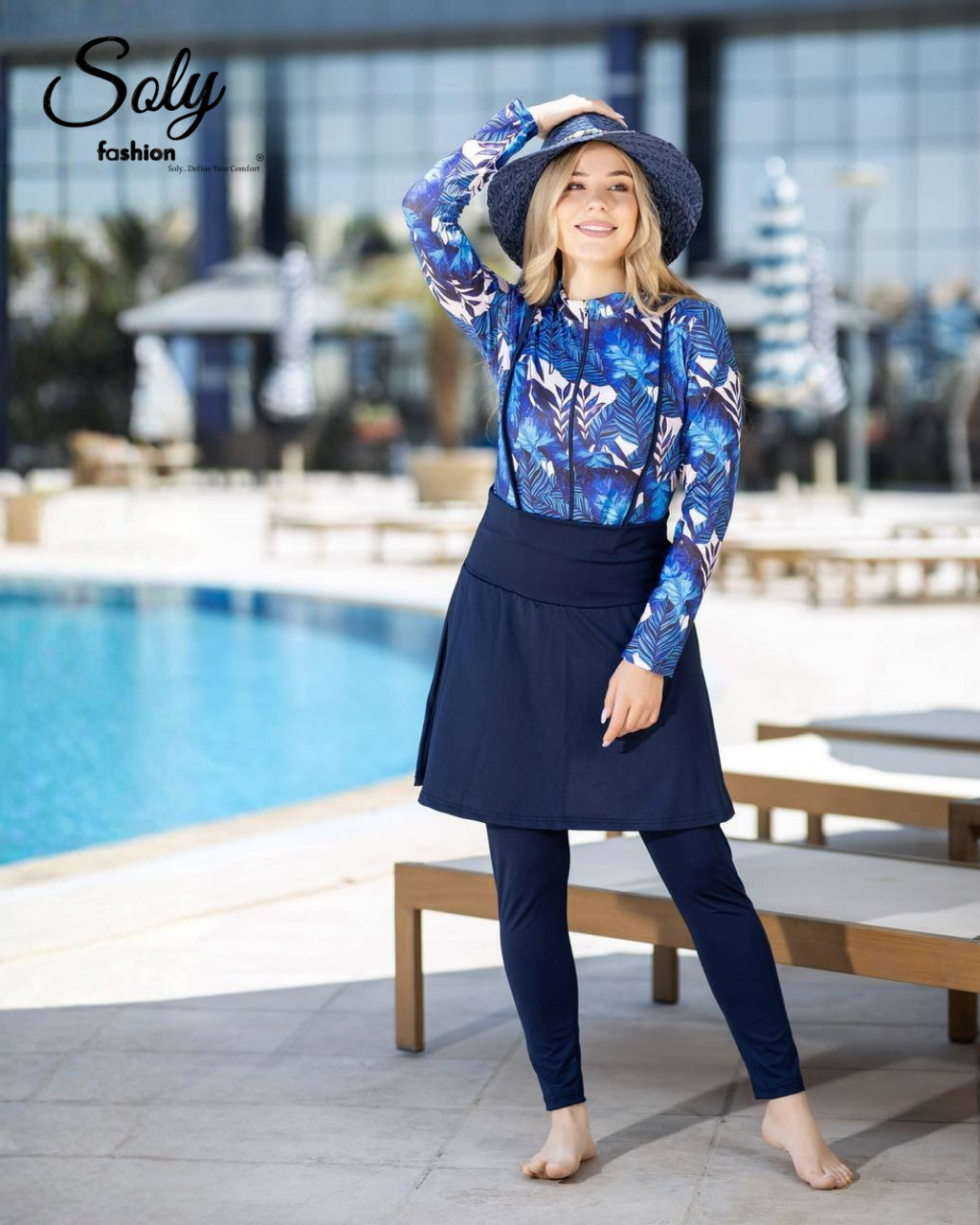 Royal Blue Palm Leaf Burkini - 4-Piece Modest Swimsuit