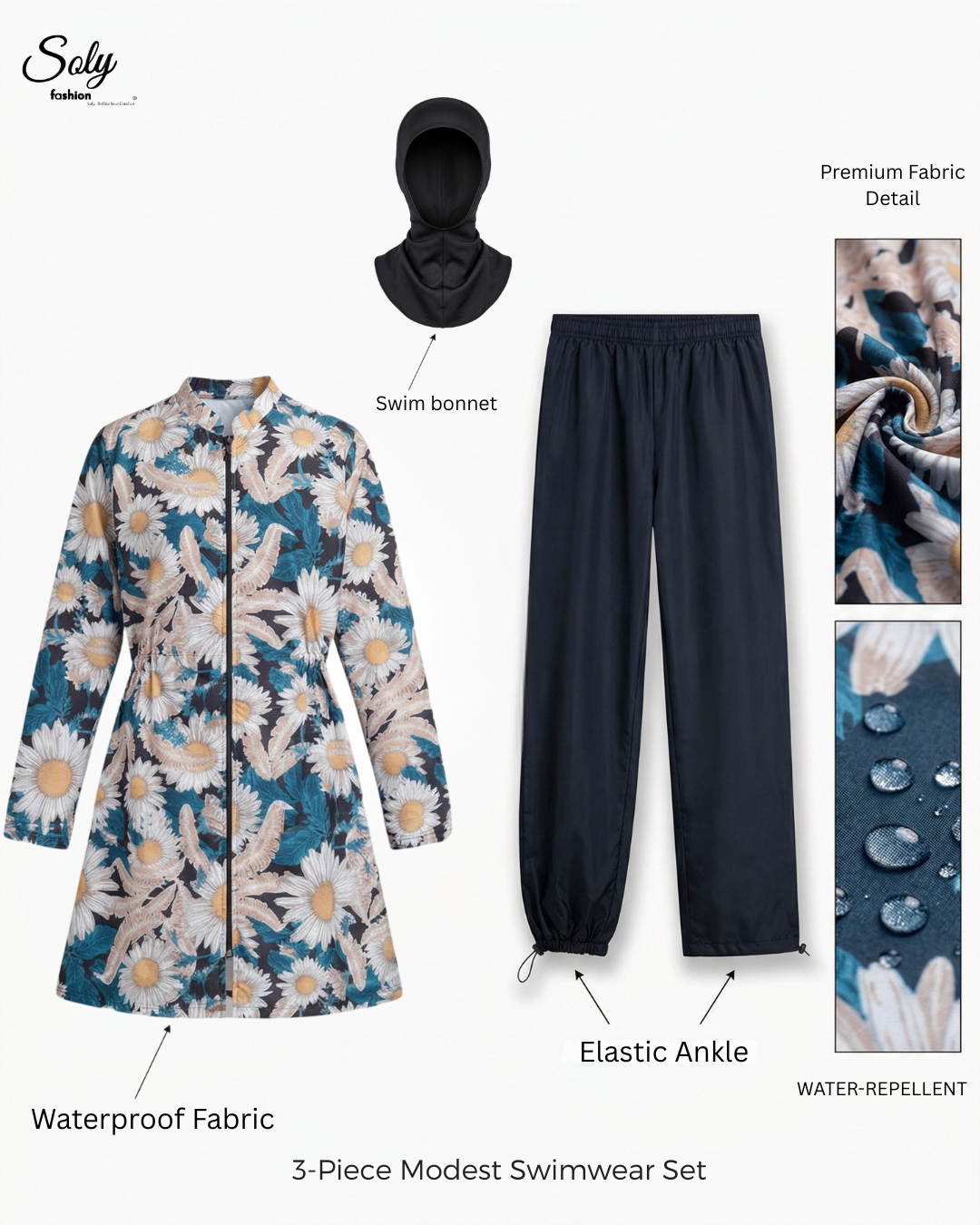 Daisy Floral 3-Piece Burkini - Comfortable Modest Swimsuit with Adjustable Pants