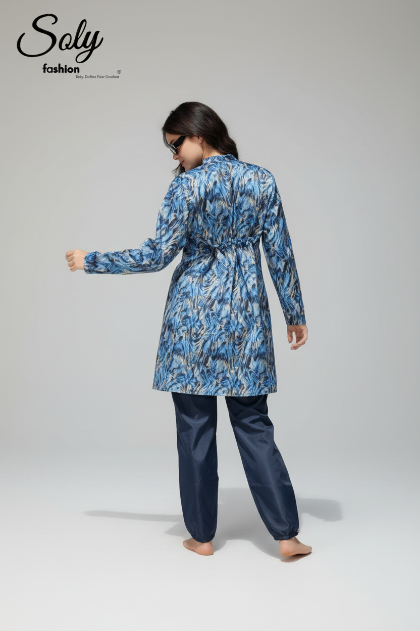 Ocean Marble 3-Piece Burkini - Modest Swimwear with Adjustable Cuffs