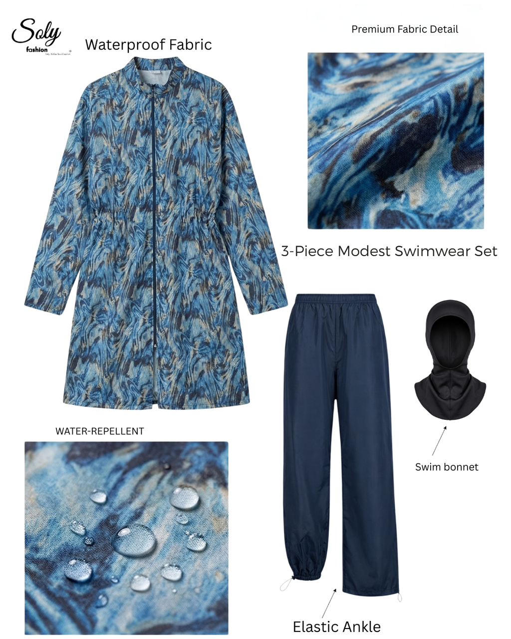 Ocean Marble 3-Piece Burkini - Modest Swimwear with Adjustable Cuffs