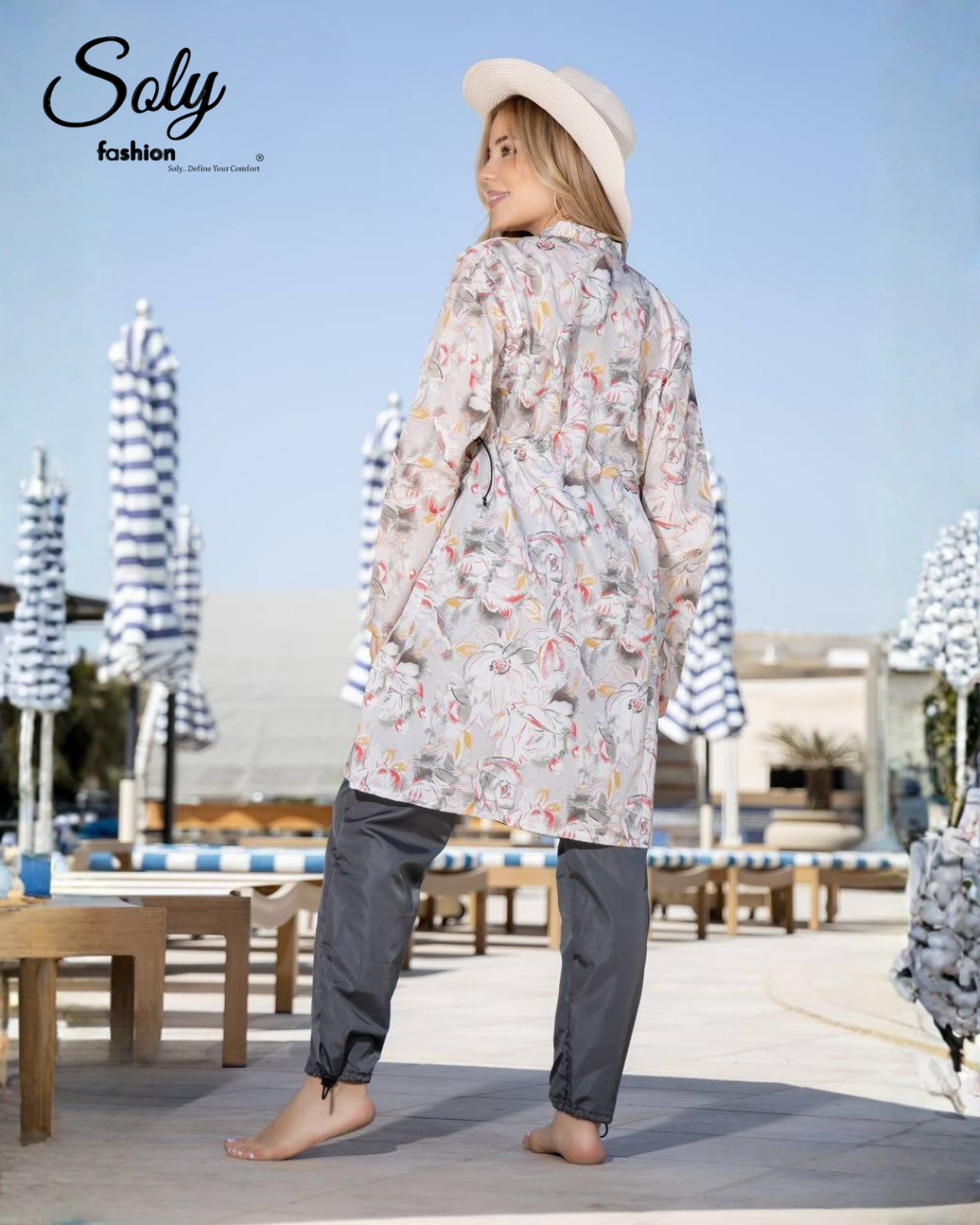 Soft Pastel Floral 3-Piece Burkini - Long Tunic Modest Swimsuit with Adjustable Pants