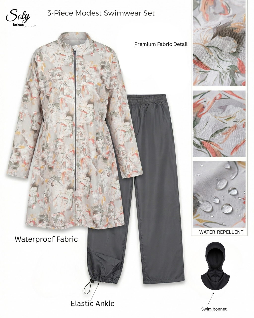 Soft Pastel Floral 3-Piece Burkini - Long Tunic Modest Swimsuit with Adjustable Pants