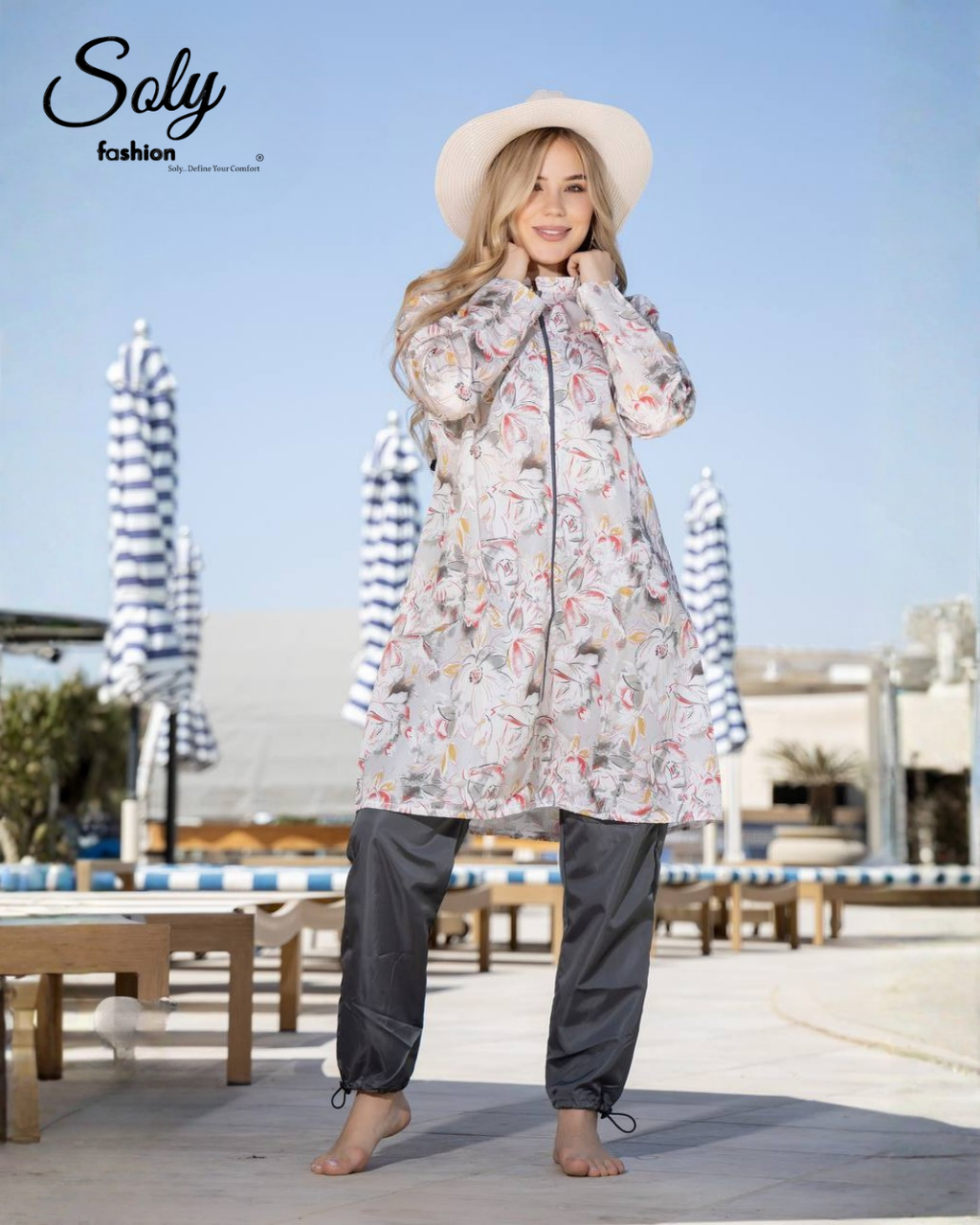 Soft Pastel Floral 3-Piece Burkini - Long Tunic Modest Swimsuit with Adjustable Pants