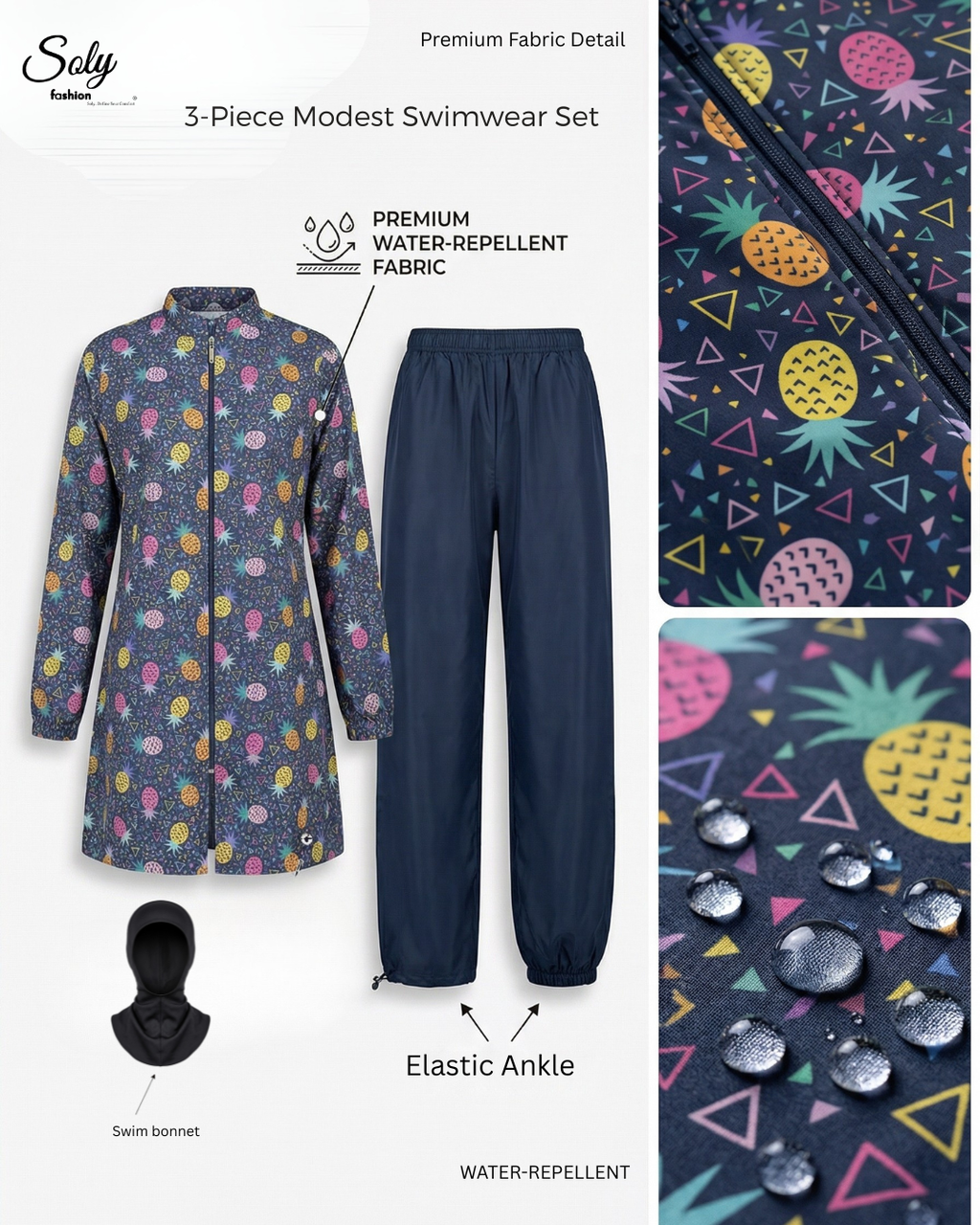 Vibrant Pineapple 3-Piece Burkini - Casual Modest Swimwear with Adjustable Cuffs