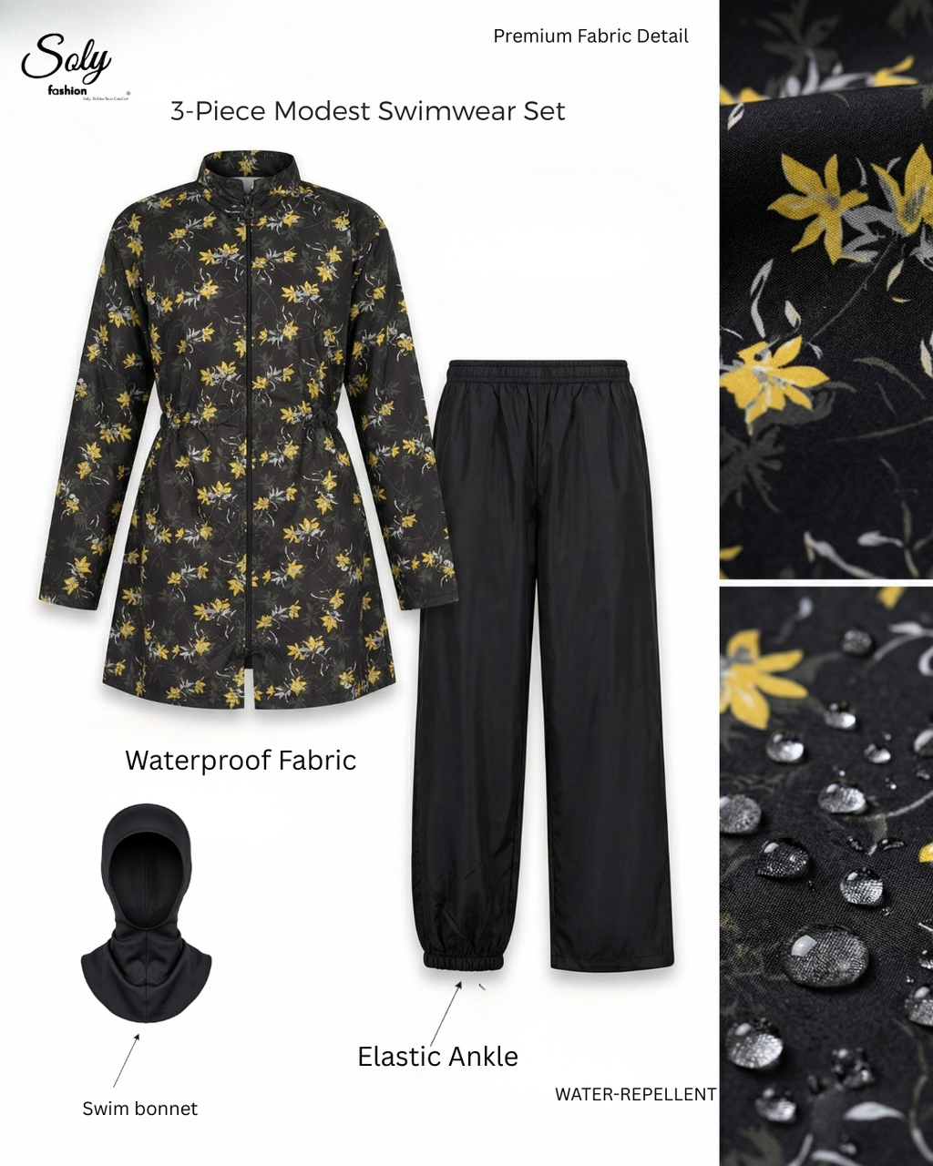 Elegant Yellow Floral 3-Piece Burkini - Long Tunic Modest Swimsuit with Adjustable Ankles