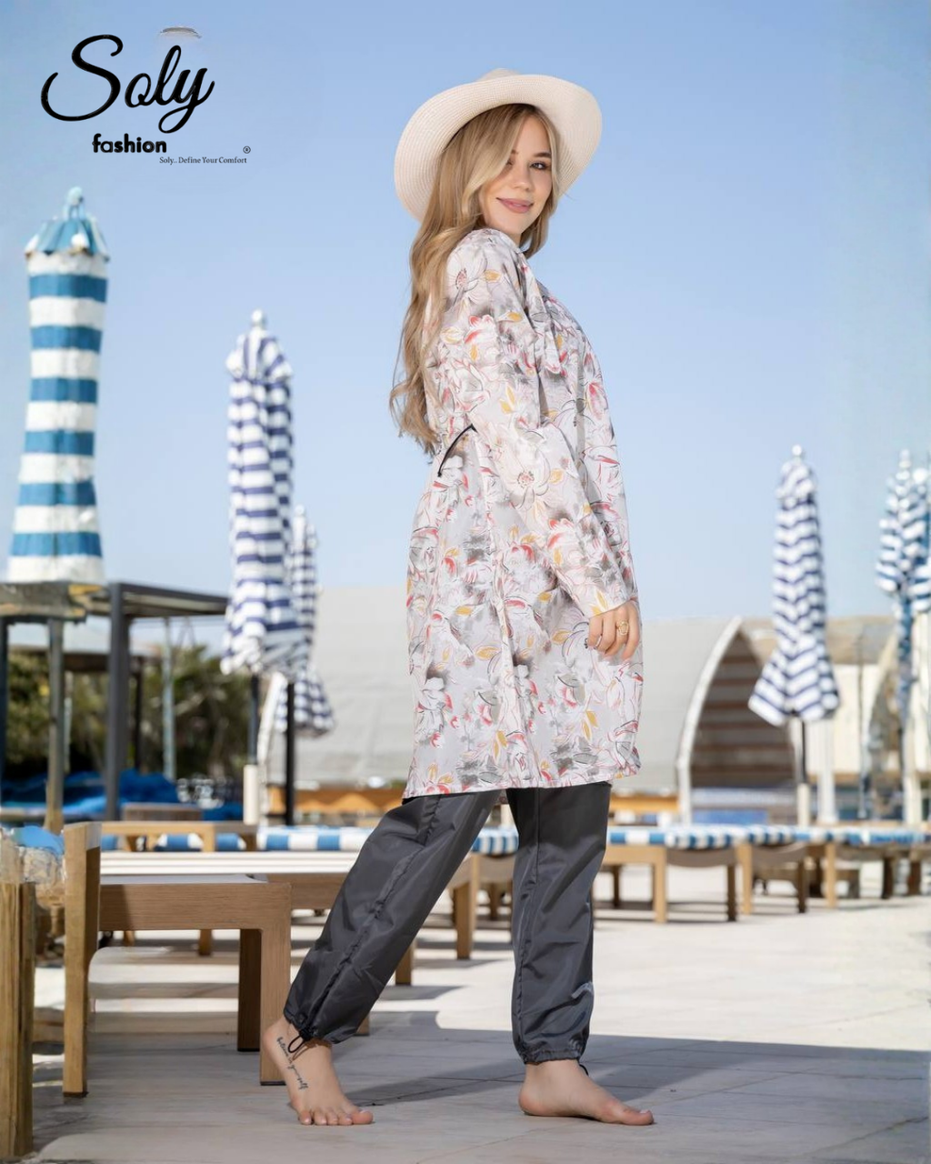 Soft Pastel Floral 3-Piece Burkini - Long Tunic Modest Swimsuit with Adjustable Pants