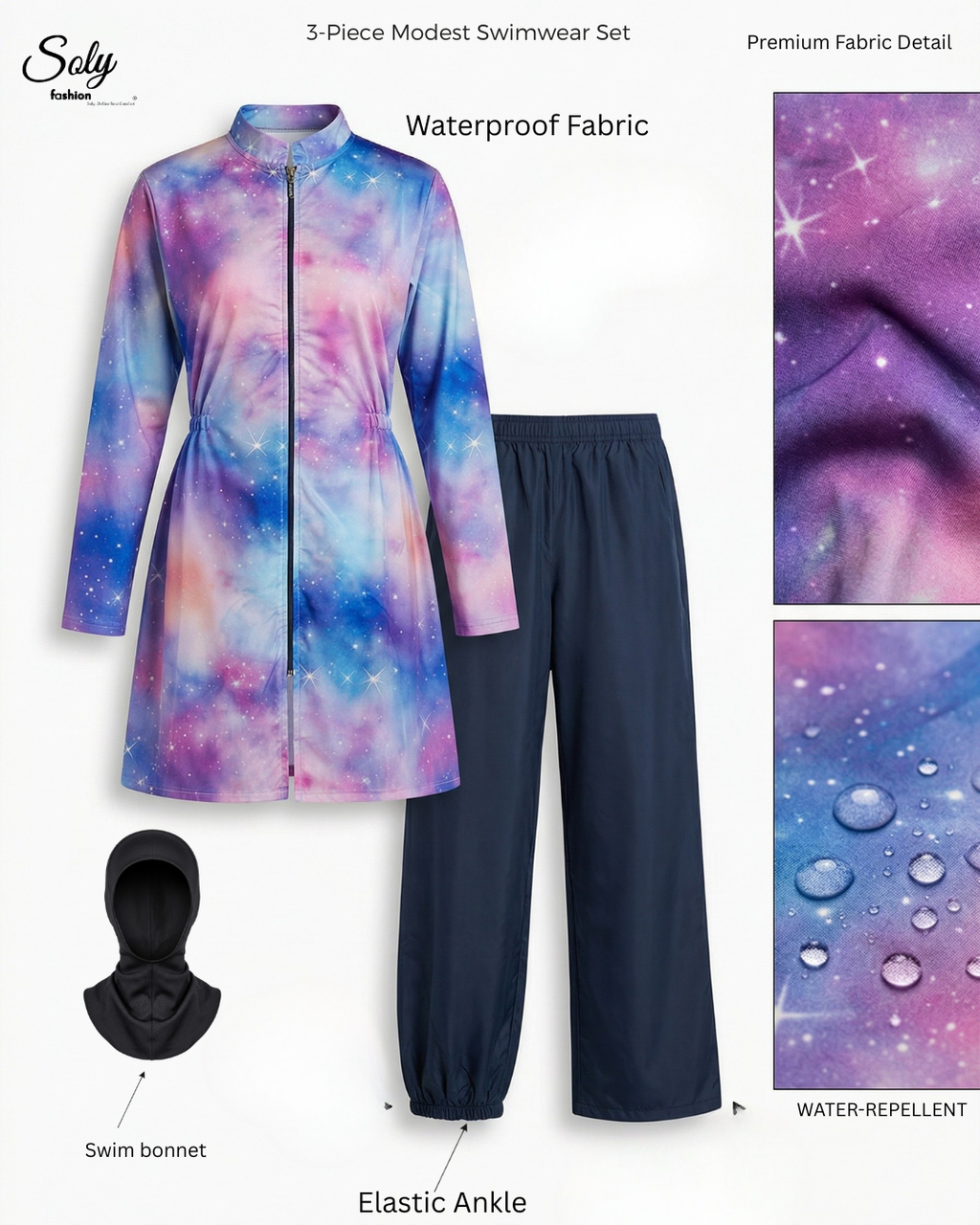 Galaxy Star 3-Piece Burkini - Modest Long Tunic Swimsuit with Adjustable Pants