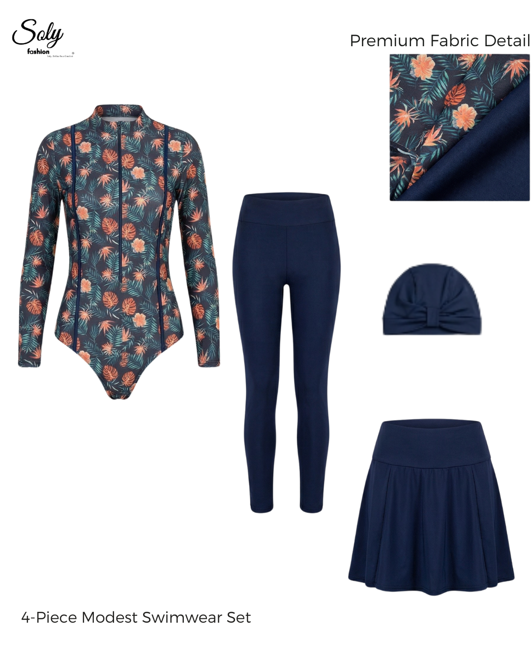 Navy Tropical Leaf Print Burkini - 4-Piece Modest Swimwear