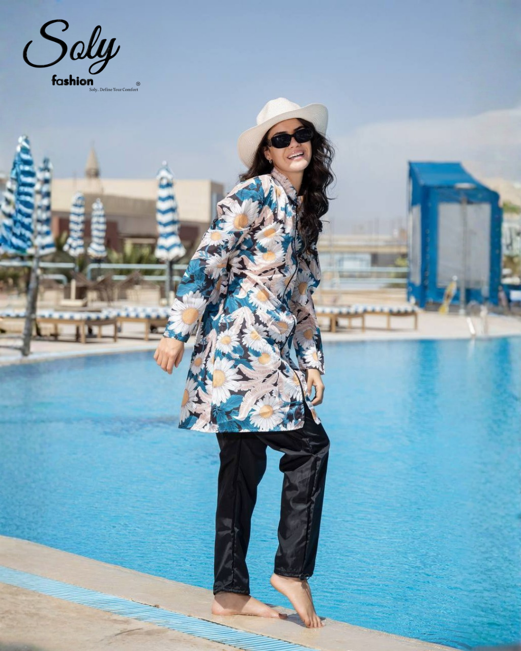 Daisy Floral 3-Piece Burkini - Comfortable Modest Swimsuit with Adjustable Pants