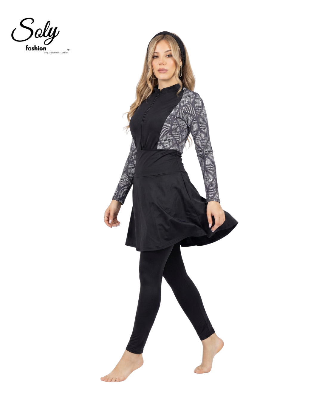 Black Geometric Print Burkini - Modest Swimsuit