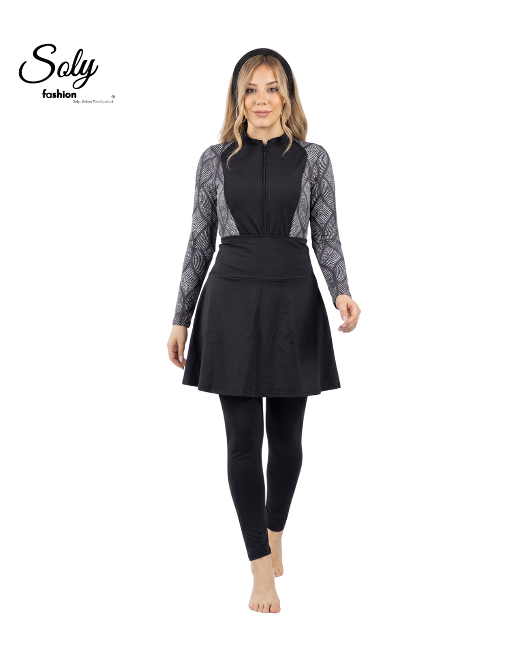 Black Geometric Print Burkini - Modest Swimsuit