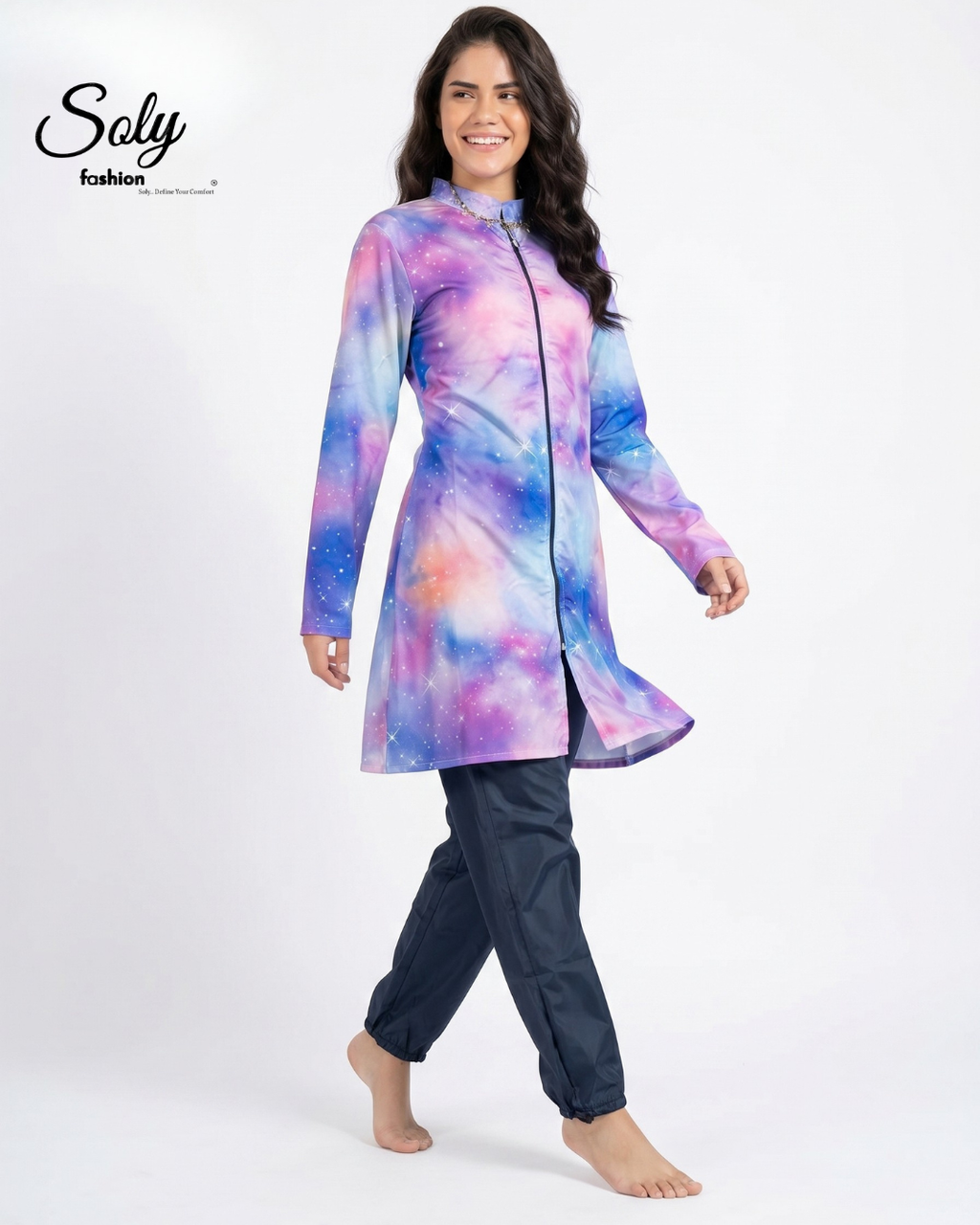 Galaxy Star 3-Piece Burkini - Modest Long Tunic Swimsuit with Adjustable Pants
