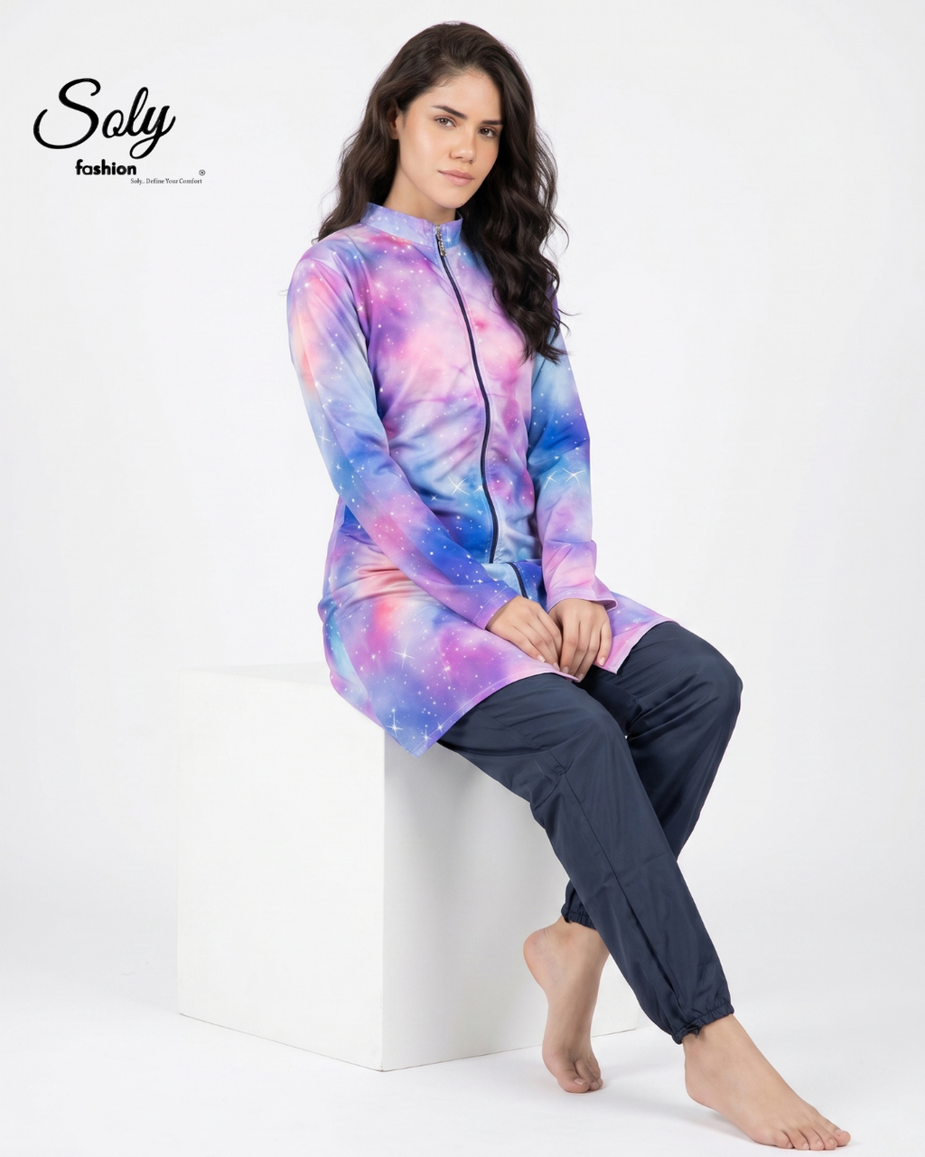 Galaxy Star 3-Piece Burkini - Modest Long Tunic Swimsuit with Adjustable Pants
