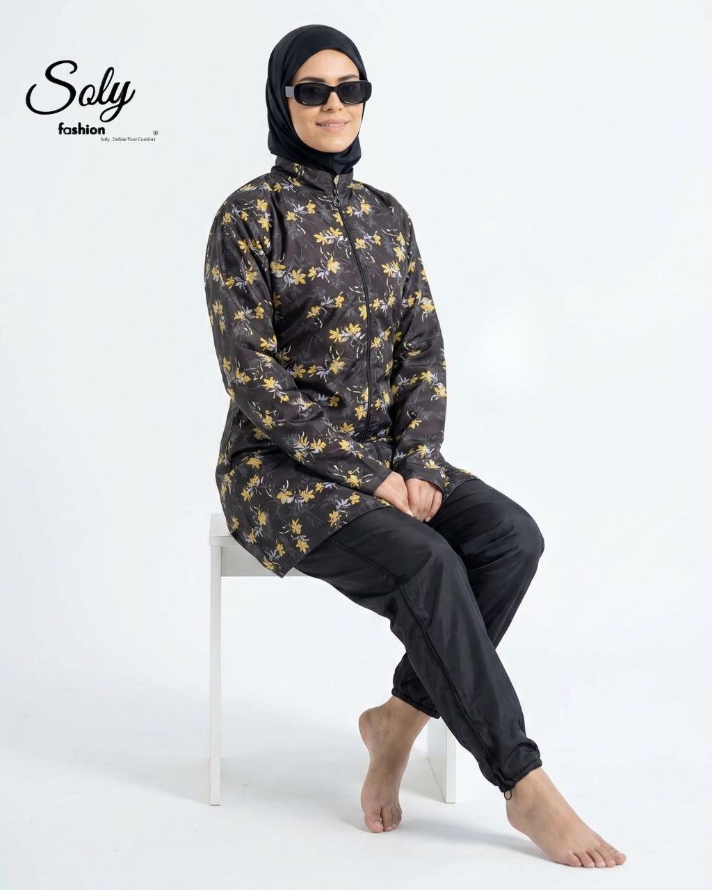 Elegant Yellow Floral 3-Piece Burkini - Long Tunic Modest Swimsuit with Adjustable Ankles