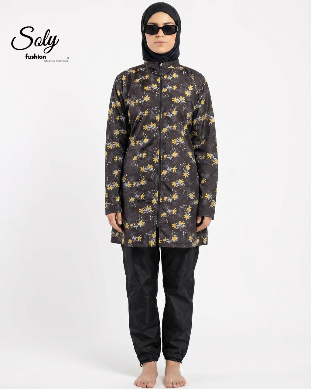 Elegant Yellow Floral 3-Piece Burkini - Long Tunic Modest Swimsuit with Adjustable Ankles
