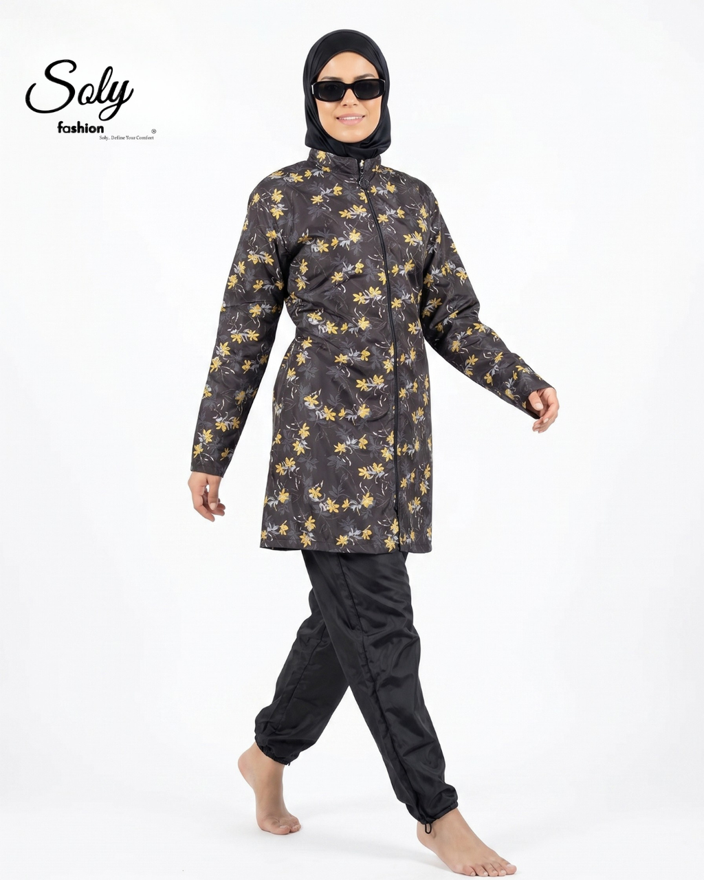 Elegant Yellow Floral 3-Piece Burkini - Long Tunic Modest Swimsuit with Adjustable Ankles