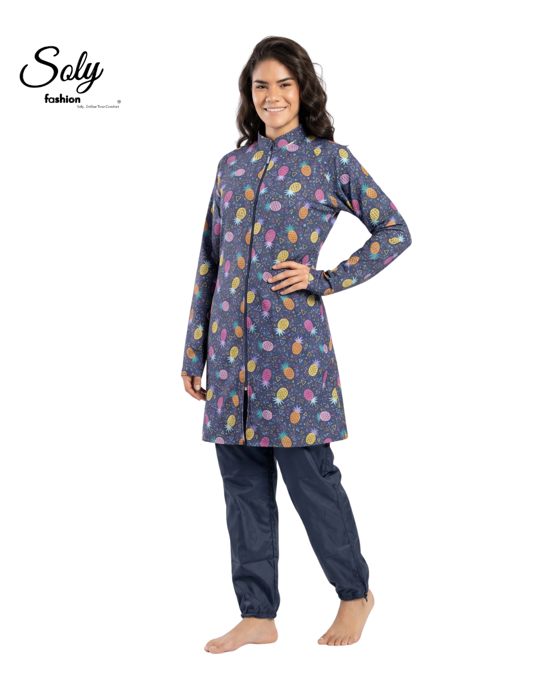 Vibrant Pineapple 3-Piece Burkini - Casual Modest Swimwear with Adjustable Cuffs