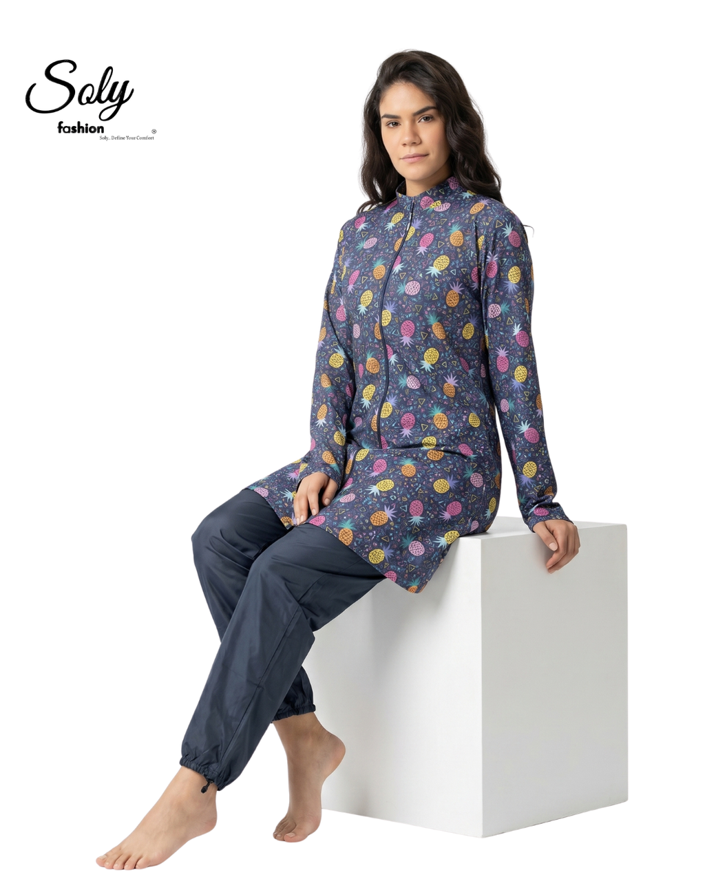 Vibrant Pineapple 3-Piece Burkini - Casual Modest Swimwear with Adjustable Cuffs