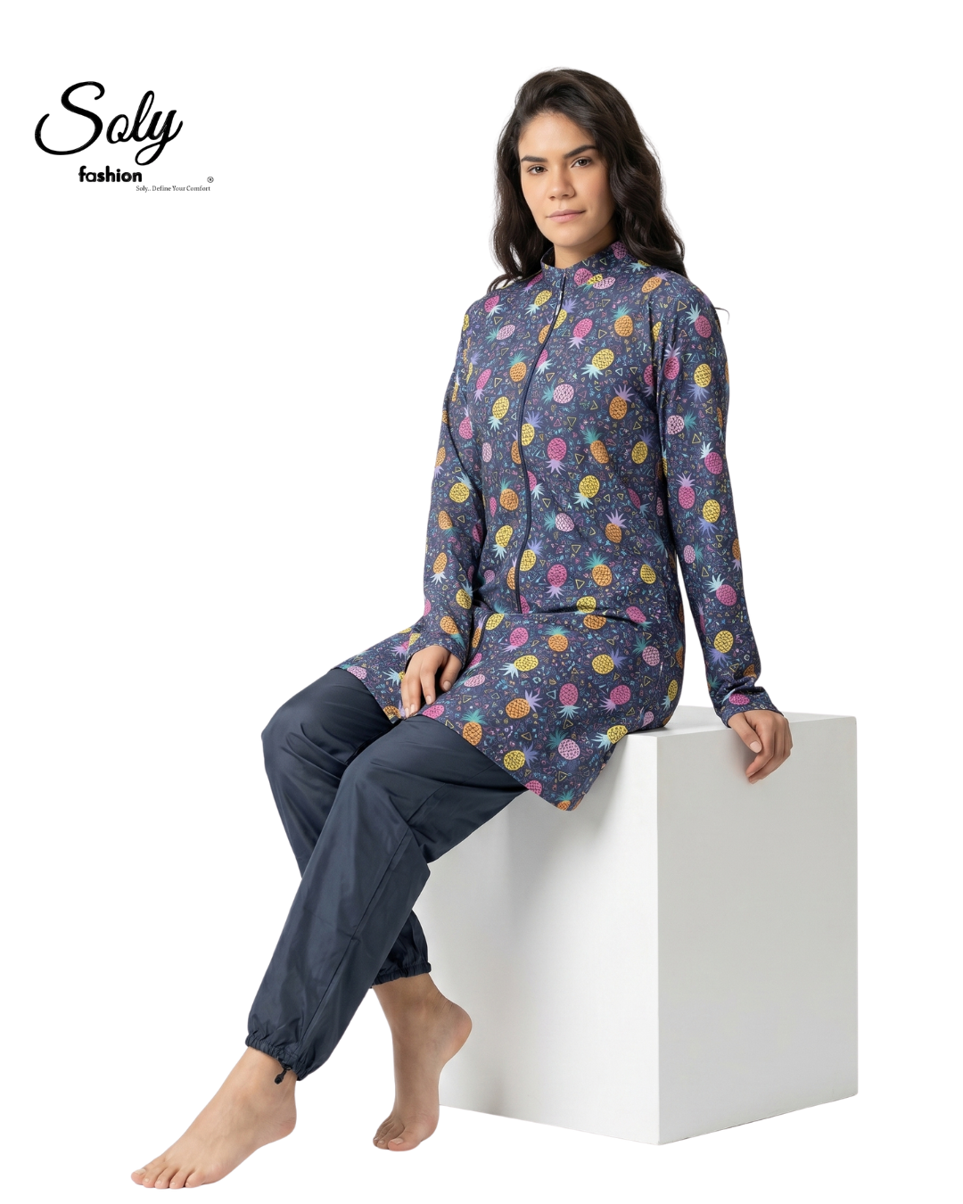 Vibrant Pineapple 3-Piece Burkini - Casual Modest Swimwear with Adjustable Cuffs