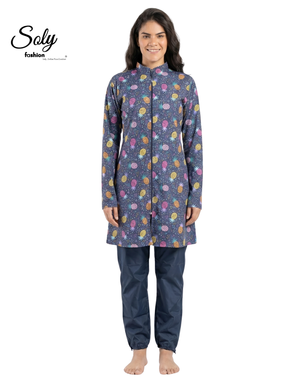 Vibrant Pineapple 3-Piece Burkini - Casual Modest Swimwear with Adjustable Cuffs