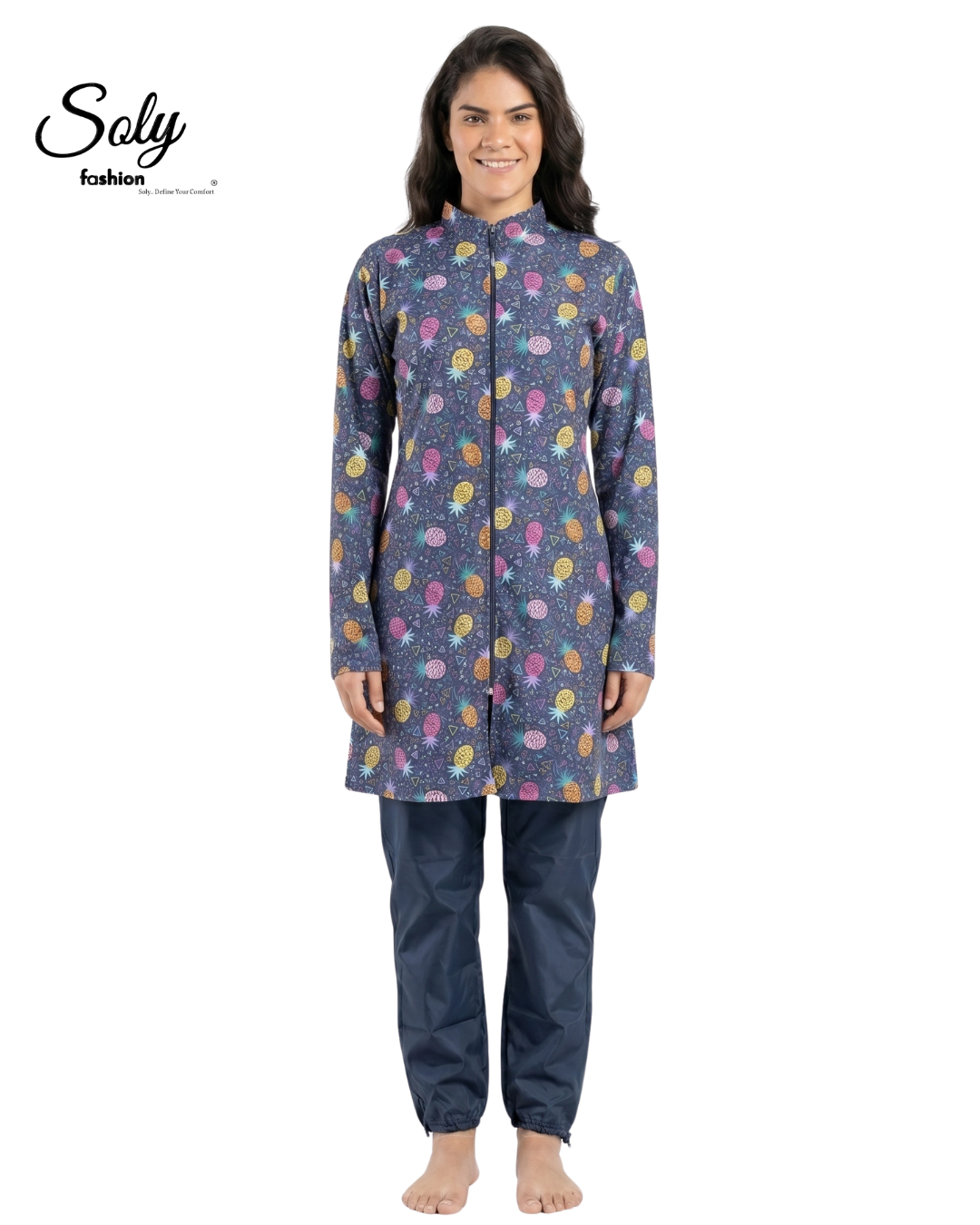 Vibrant Pineapple 3-Piece Burkini - Casual Modest Swimwear with Adjustable Cuffs