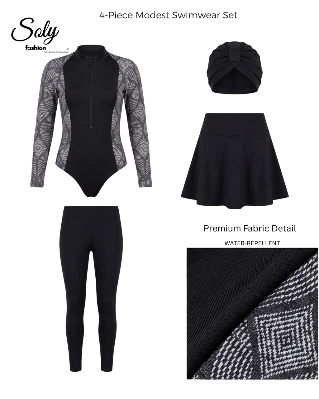 Black Geometric Print Burkini - Modest Swimsuit