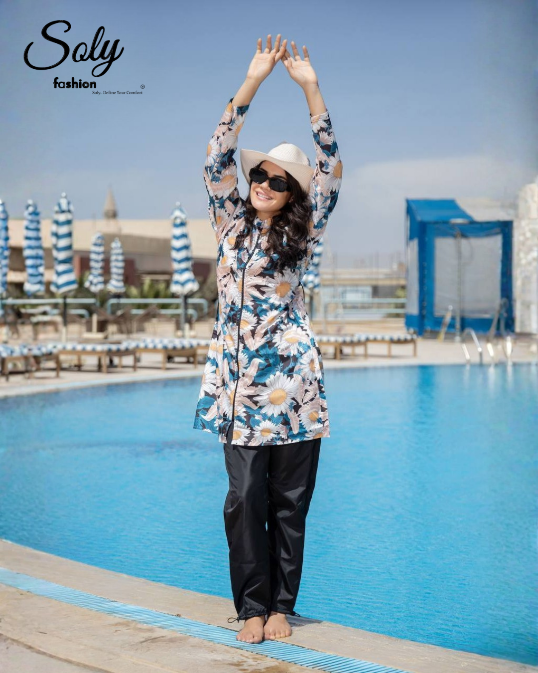 Daisy Floral 3-Piece Burkini - Comfortable Modest Swimsuit with Adjustable Pants