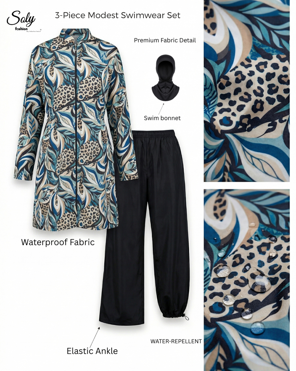 Classic Feather Print 3-Piece Burkini - Modest Swimsuit