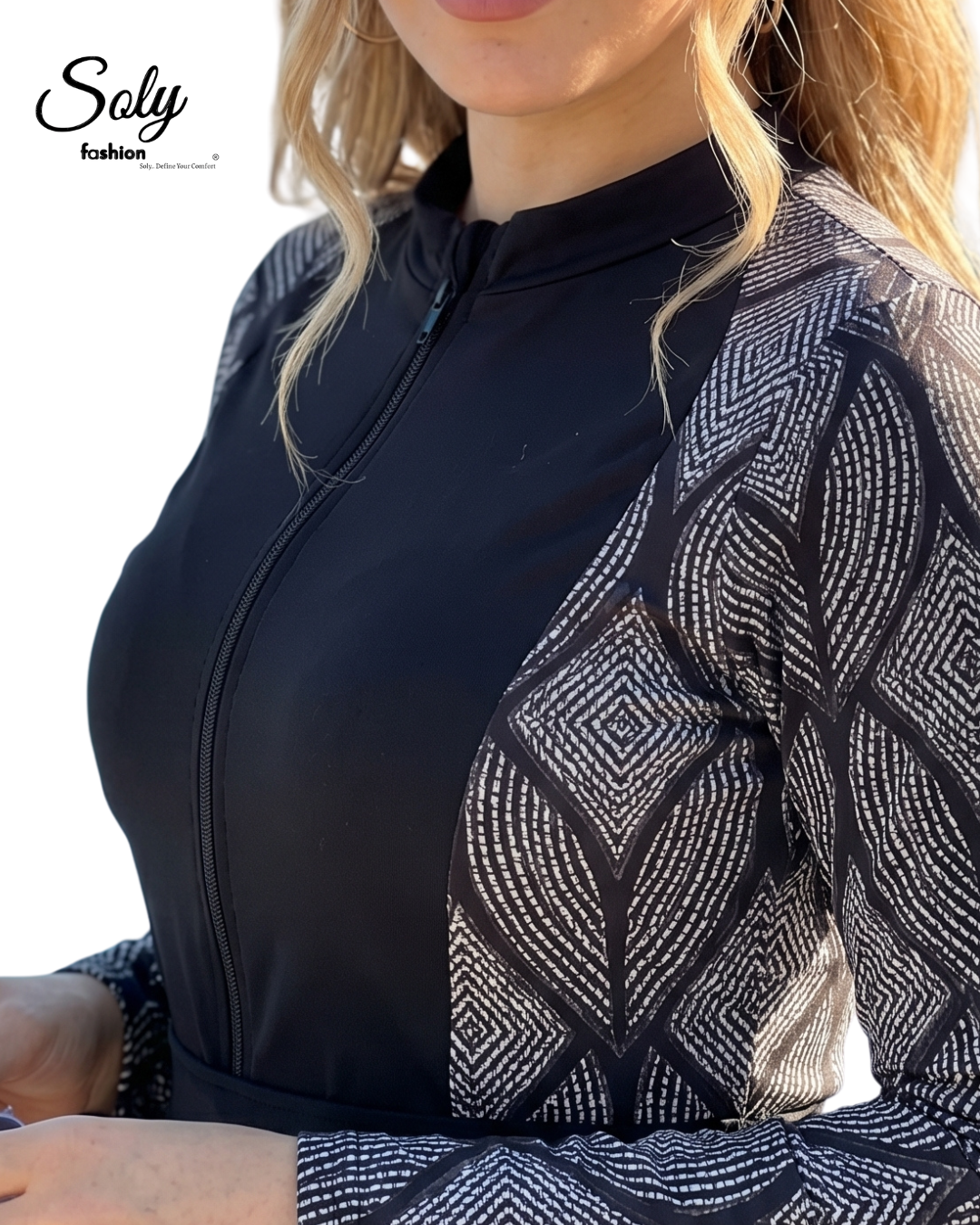 Black Geometric Print Burkini - Modest Swimsuit