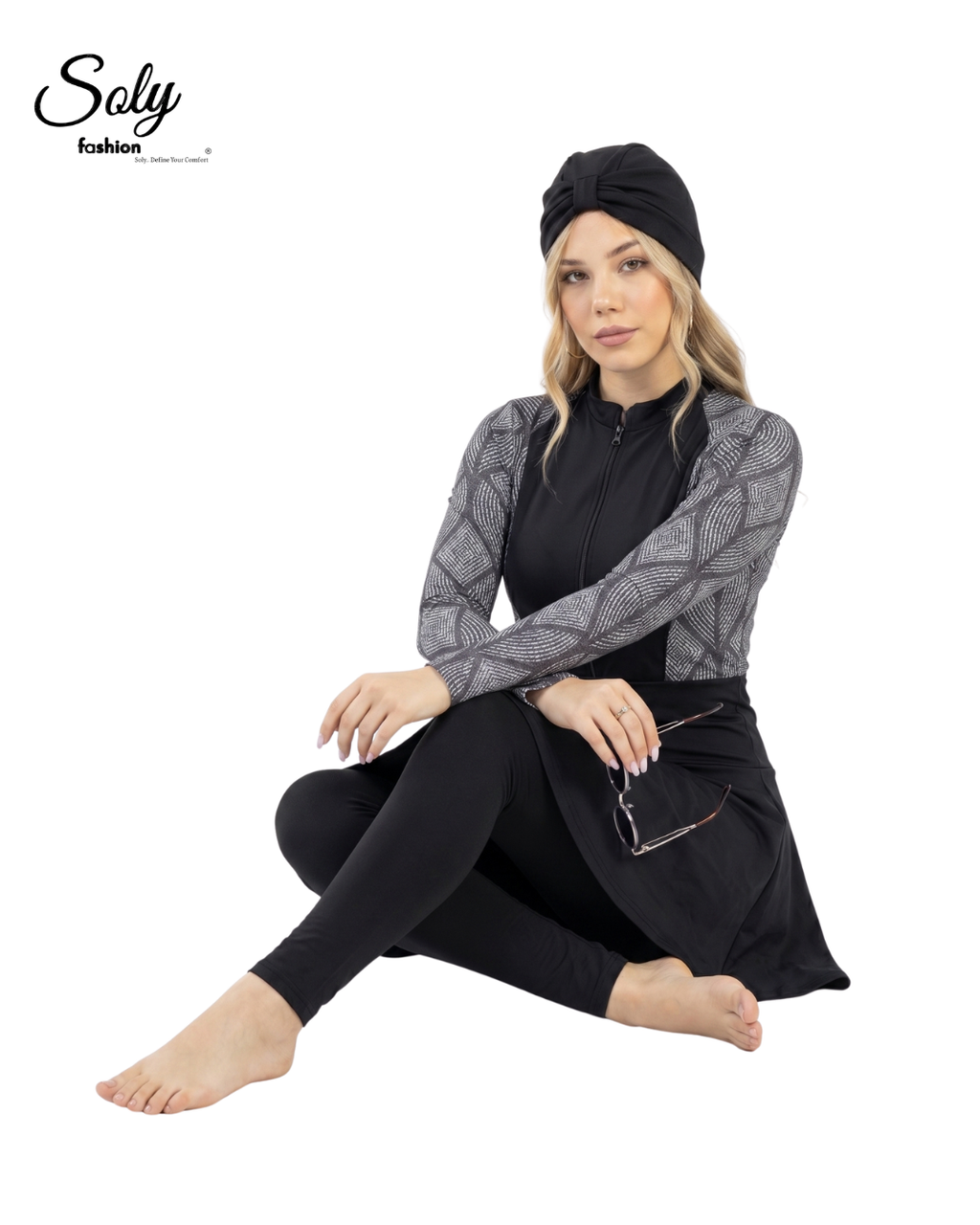 Black Geometric Print Burkini - Modest Swimsuit