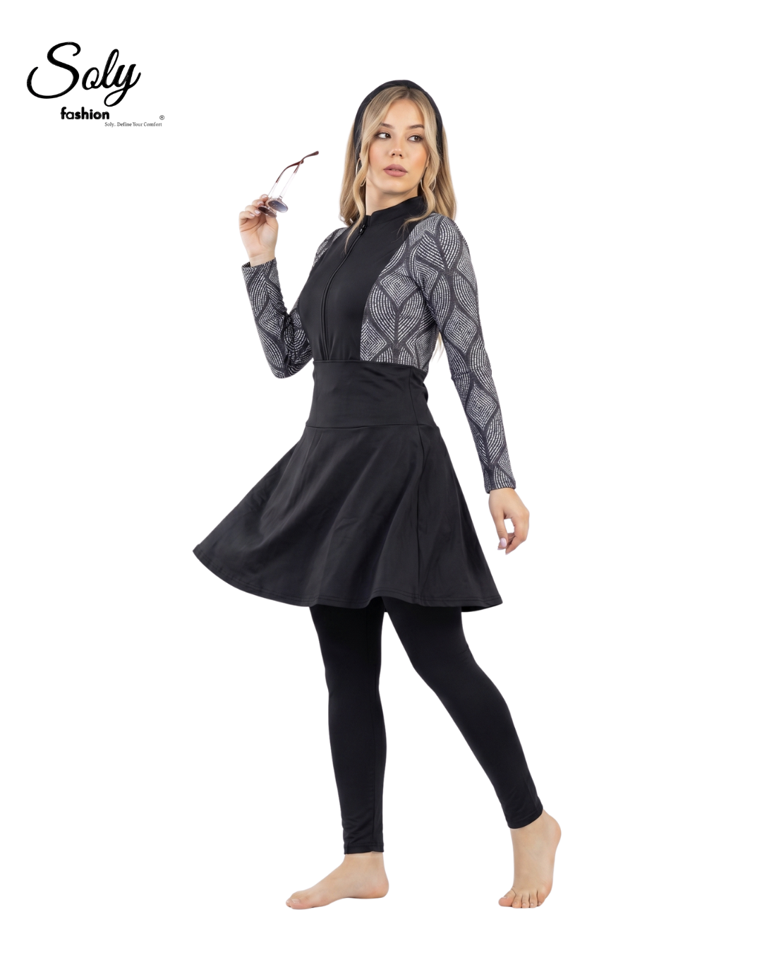 Black Geometric Print Burkini - Modest Swimsuit