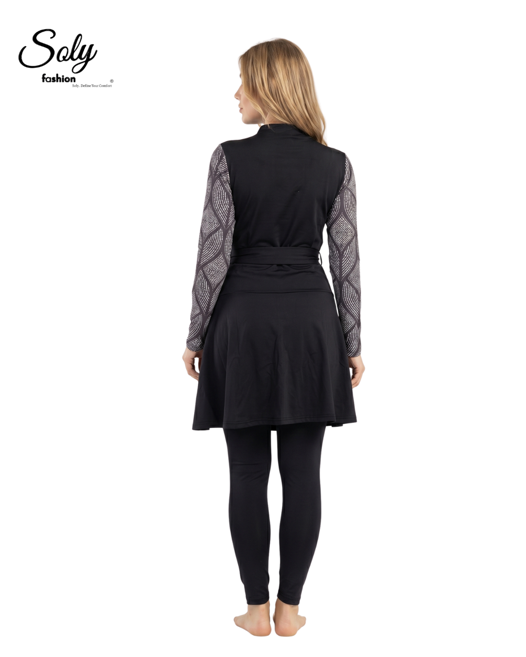 Black Geometric Print Burkini - Modest Swimsuit