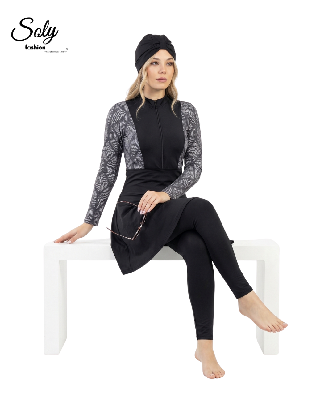 Black Geometric Print Burkini - Modest Swimsuit