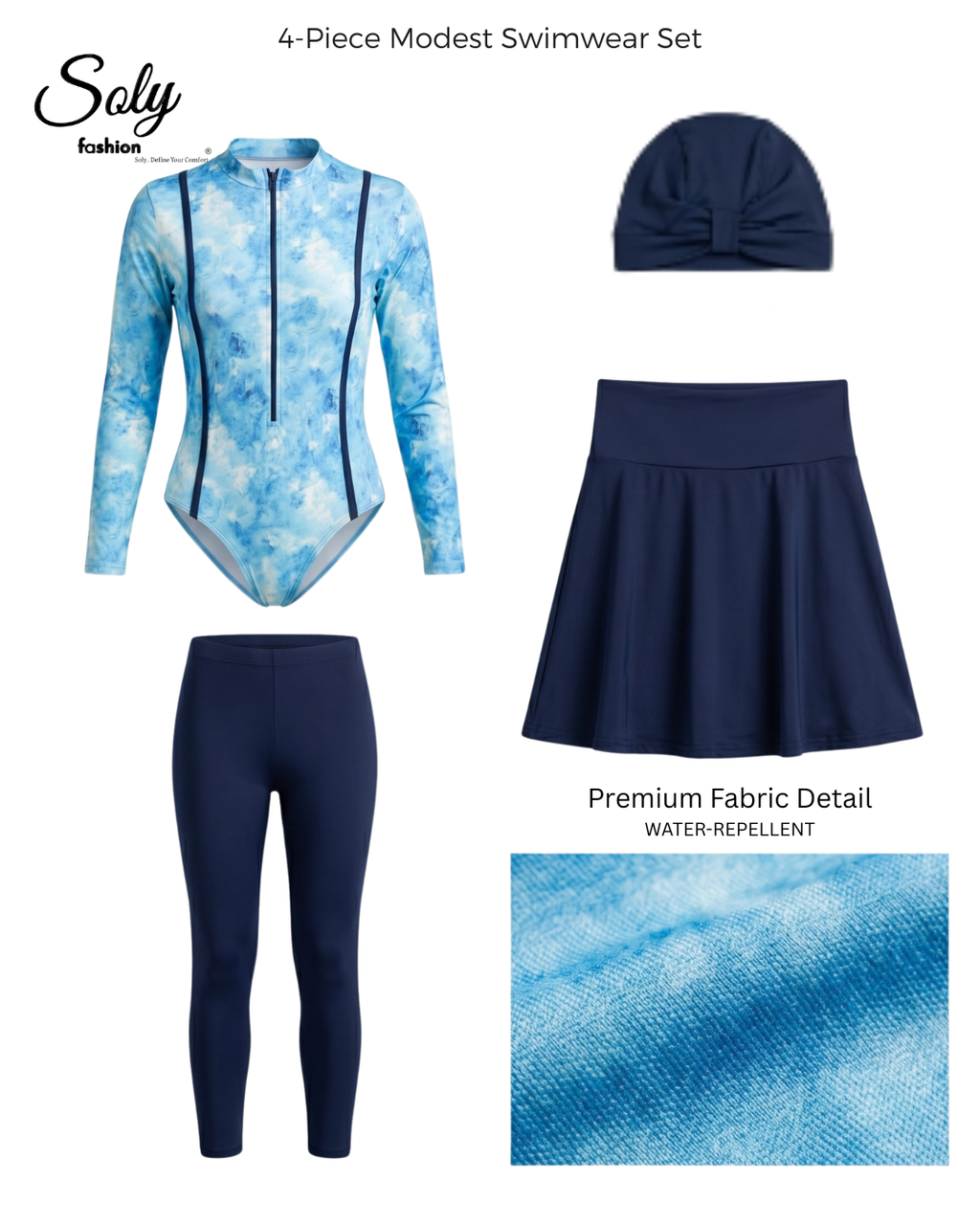 Sky Blue Printed Burkini - 4-Piece Modest Swimwear