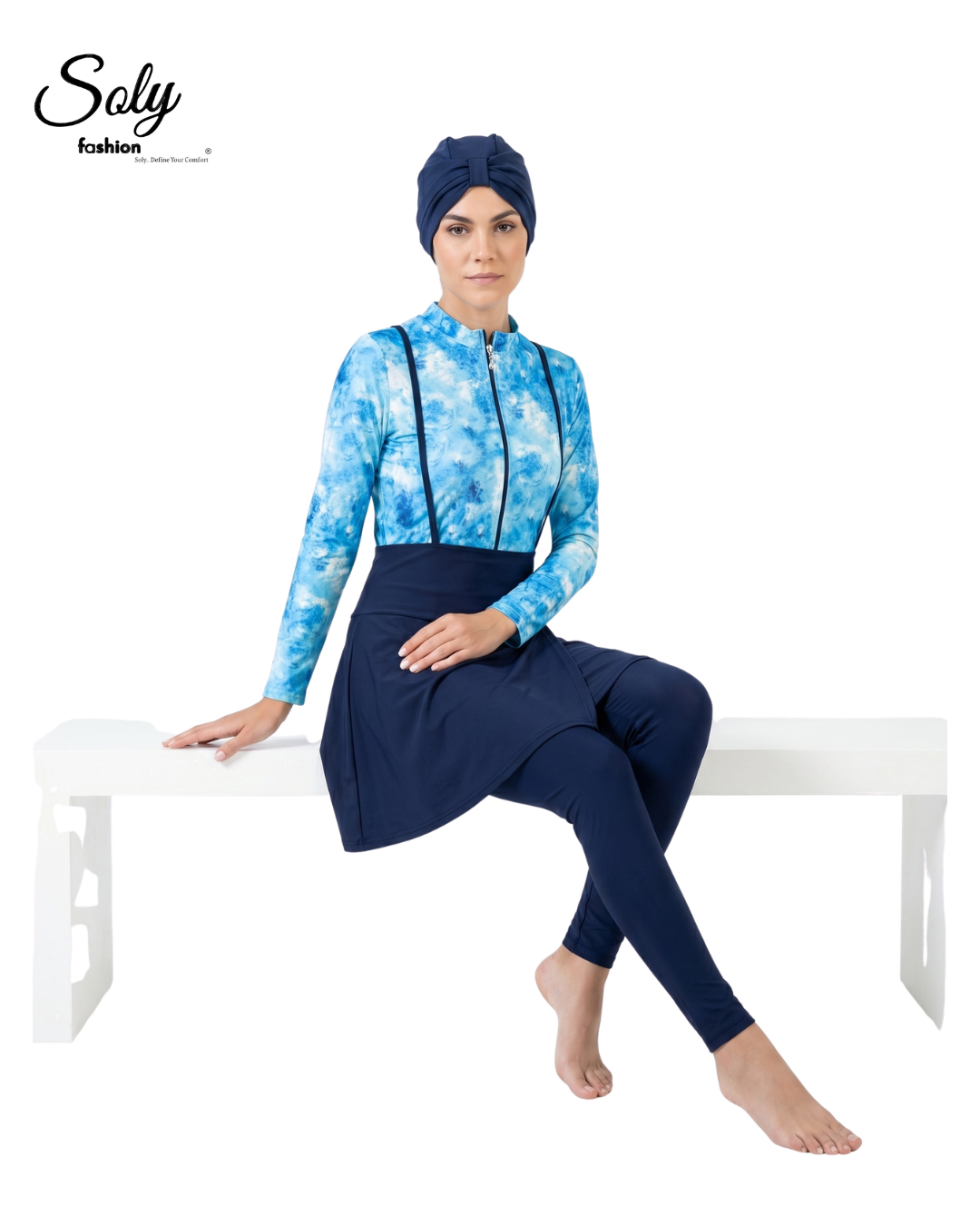 Sky Blue Printed Burkini - 4-Piece Modest Swimwear
