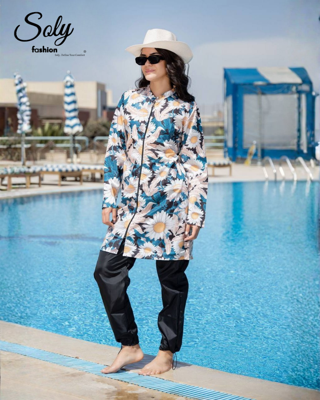 Daisy Floral 3-Piece Burkini - Comfortable Modest Swimsuit with Adjustable Pants