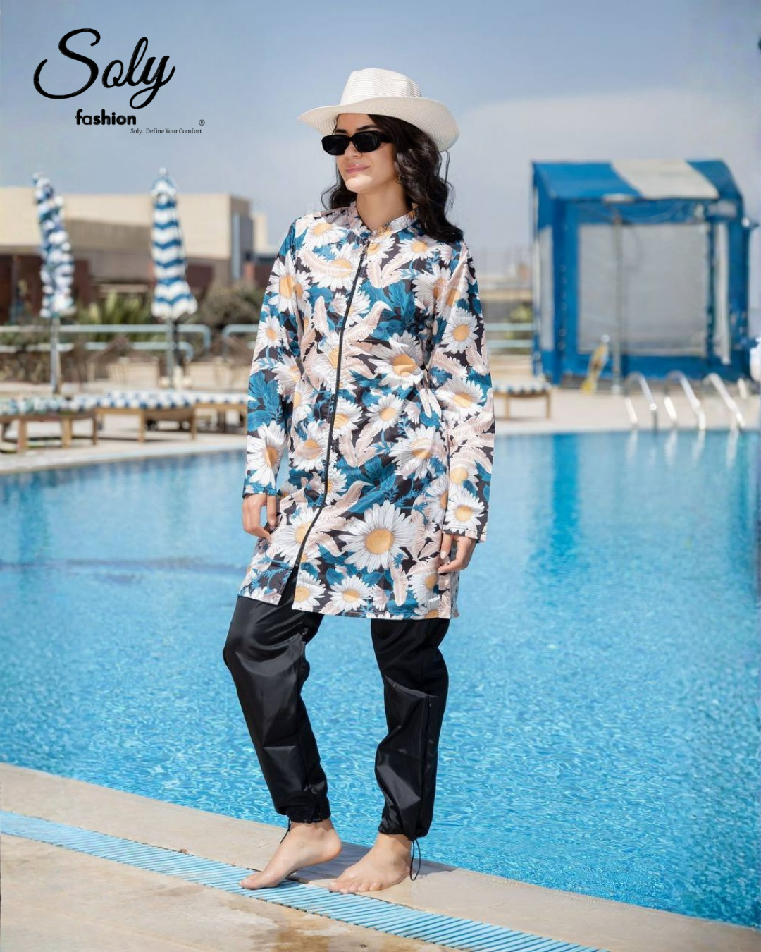Daisy Floral 3-Piece Burkini - Comfortable Modest Swimsuit with Adjustable Pants