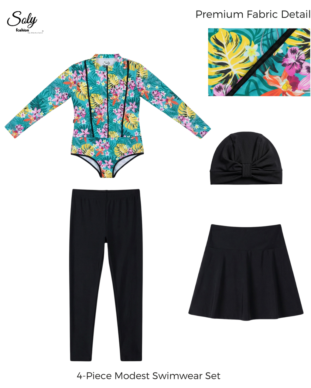 Vibrant Floral Printed Burkini - Elegant 4-Piece Modest Swimwear