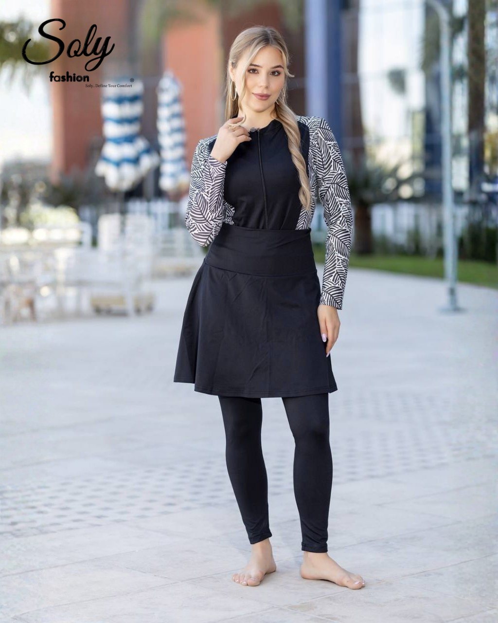 Modern Leafy Sleeve Burkini - 4-Piece Modest Swimwear with Solid Black Body