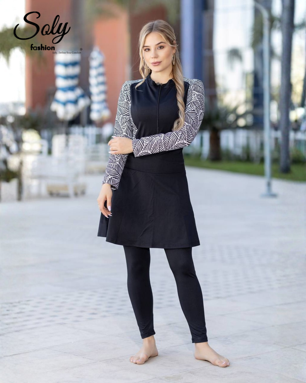 Modern Leafy Sleeve Burkini - 4-Piece Modest Swimwear with Solid Black Body