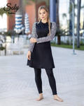 Modern Leafy Sleeve Burkini - 4-Piece Modest Swimwear with Solid Black Body