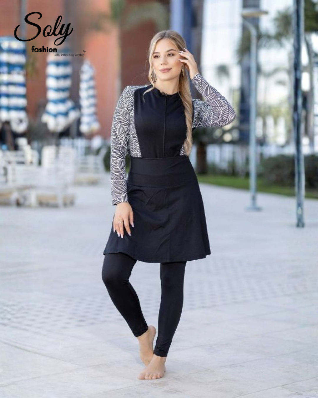 Modern Leafy Sleeve Burkini - 4-Piece Modest Swimwear with Solid Black Body
