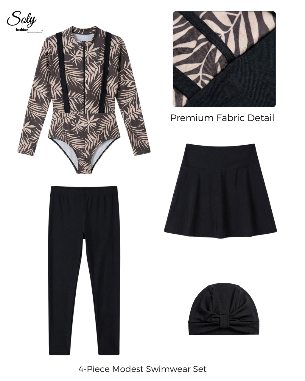 Black & White Palm Leaf Burkini - 4-Piece Modest Swimwear