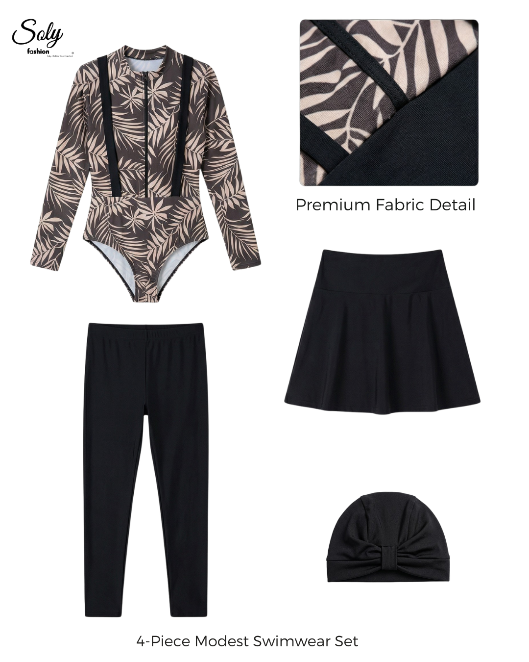 Black & White Palm Leaf Burkini - 4-Piece Modest Swimwear